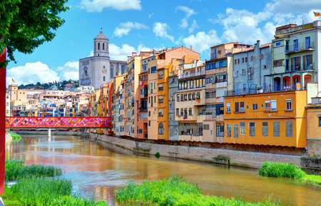 Gerona, Catalonia, Spain  Cathedral and houses with decorated bridge  Flower Festival 2013 の写真素材
