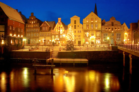 Hansestadt Lueneburg, Germany  Famous Old Town and Old Harbour in Winter with illuminated Christmass-Tree のeditorial素材