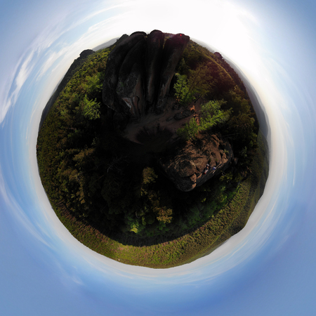 Aerial view spherical panorama of rocks and forest in the nature reserve Stolby.の写真素材