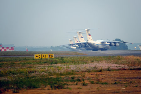 Krasnoyarsk, Russia - 8 Aug 2019: A group of planes at a Russian military baseのeditorial素材