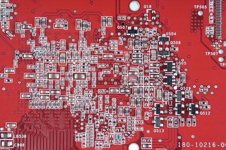 Modern red Printed Circuit Board detail.の写真素材