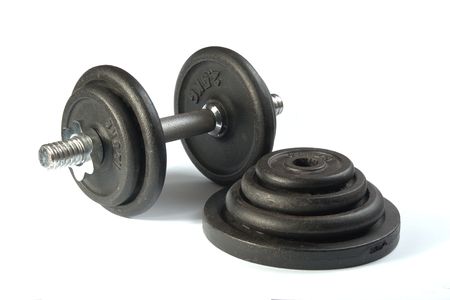 Old dirty dumbbells isolated on white background.の写真素材