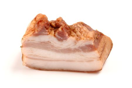 Fresh smoked tasty bacon isolated on white background.の写真素材