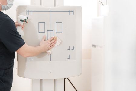 Doctor cleans the X-ray machine. X-ray department in modern hospital. Radiology room with scan machine with empty bed. Technician adjusting an x-ray machineの写真素材
