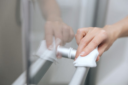 Cleaning glass door handles with an antiseptic wet wipe. Woman hand using towel for cleaning home room door link. Sanitize surfaces prevention in hospital and public spaces against corona virusの写真素材