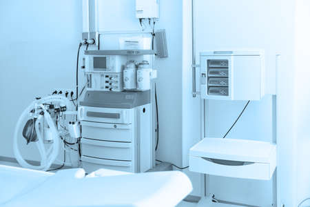 Technologically advanced equipment in CT or MRI Scan room. Modern hospital laboratory. Interior of radiography department. Magnetic resonance diagnostics machineの写真素材