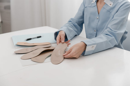Doctor holding an insole while sitting at a table. Orthopedist tests the medical device. Orthopedic...