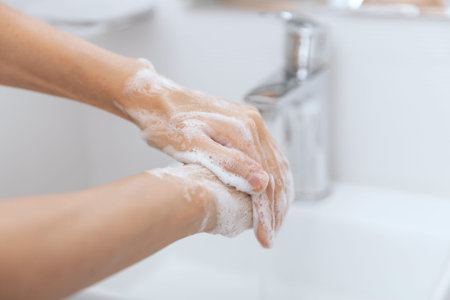 Washing hands under the flowing water tap. Washing hands rubbing with soap for corona virus...