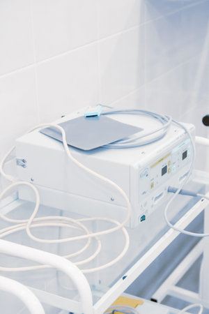 Empty interior operating room and modern equipment in hospital. Medical device for surgeon surgical...