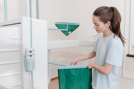 Hospital Radiology Room. Xray machine for fluorography. Doctor radiologist in gown adjusting the...