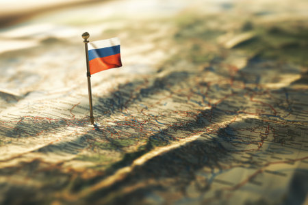 Map of Russia with flag indicating location and highlighting geographical features and roadsの素材
