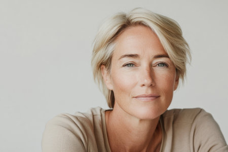 Beauty portrait of a middle-aged woman showcasing skincare product, capturing elegance and confidence at over 50 years oldの素材