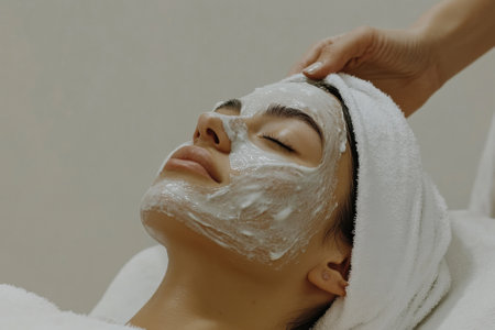 Woman relaxing during a facial treatment in a beauty salon with a calming atmosphere and professional care in progressの素材
