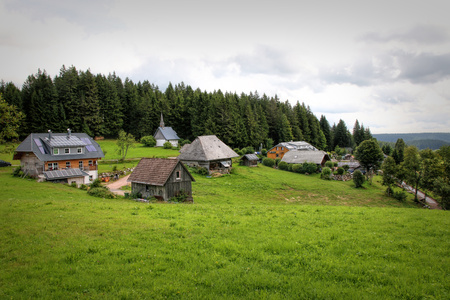 Scenic countryside landscape in the Black Forest: green summer mountain valley with forests, fields and old houses in Germanyの写真素材