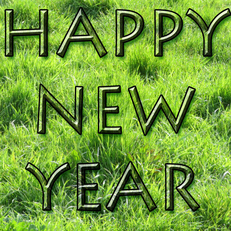 Happy new year written with chalk on green grass. 3d illustrationの写真素材