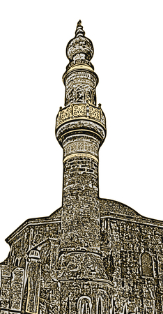 The minaret of the Murat Reis mosque in the cemetery of Rhodes, Greece (on the white background)の写真素材