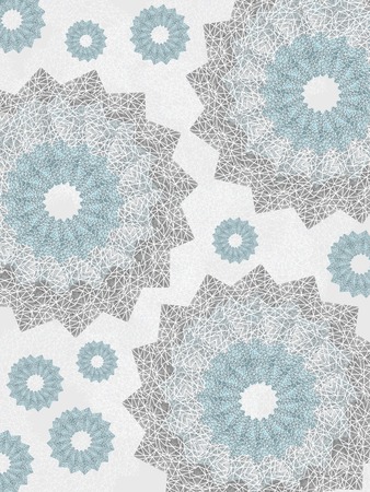 Geometric background with snowflake effect. Pattern of openwork lace round shapes. Airy ornament in pale bue and light gray. Delicate, nice, soft, artistic imageの写真素材