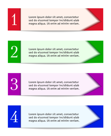Header designs. Four banners in red, green, purple, blue. Horizontal infographic templates. Business concept for advertising, web pages, presentations. Vector illustrationのイラスト素材