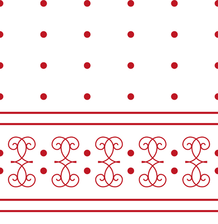 Seamless pattern with red abstract ornament, strips and points on the white background. Stylish decorative border for fashion design, picture frames, wallpapers, wrapping paper. Vector illustrationのイラスト素材