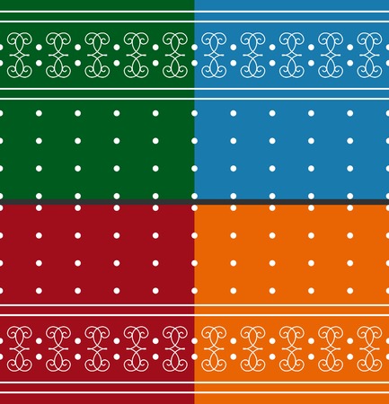 Set of seamless patterns. White abstract ornament, strips and points on four backgrounds: red, green, orange and light blue. Stylish decorative border. Vector eps10 illustrationのイラスト素材