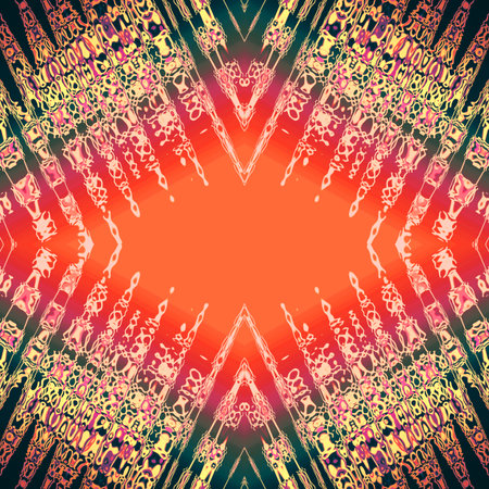 Kaleidoscope pattern with gold stains, streaks, strokes on red, orange, black rhombus. Abstract...