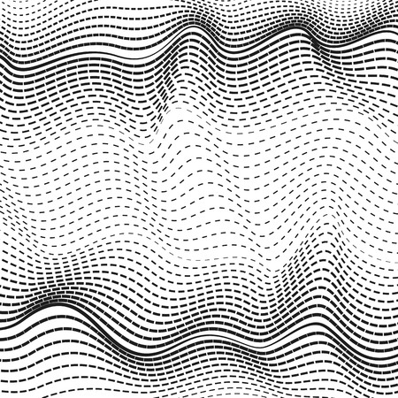 Waving dotted lines. Black and white modern conceptual design. Vector squiggle curves, optical illusion. Abstract deformed background. Scientific wave pattern. EPS10 illustrationのイラスト素材