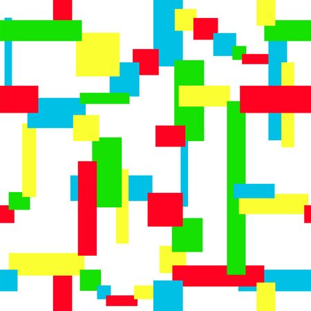 Multicolored geometric seamless pattern. Red, blue, green, yellow rectangles and squares on a white background. Vector abstract minimalist design. Bright mosaic. Narrow and thick strips.illustrationのイラスト素材