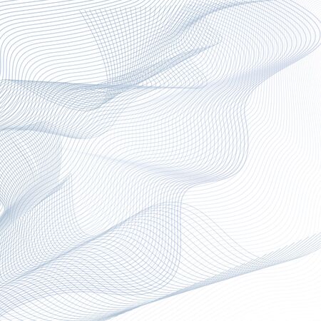 Line art techno background. Abstract vector design. 3D pattern with perspective. Flowing net imitation. Ripple thin curves. Modern sci-tech conception in light blue, gray, white hues. EPS10 illustrationのイラスト素材