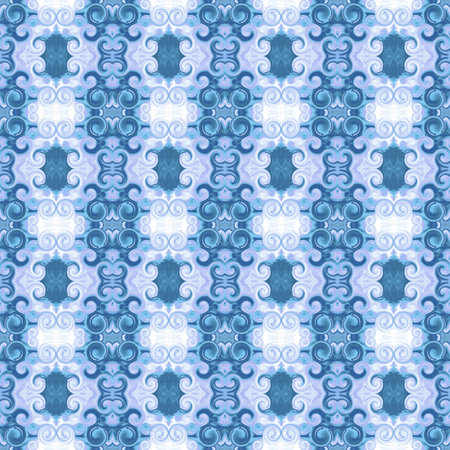 Blue, purple luxurious ornament with scrollworks and circle motifs. Seamless pattern in Baroque...