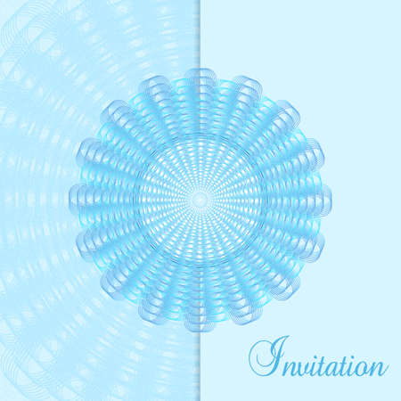 Party invitation decorated with blue round line art pattern. Vector openwork design element. Abstract background. Elegant for gift card, coupon, certificate, Christmas party, New year postcard, music festival. EPS10 illustrationのイラスト素材