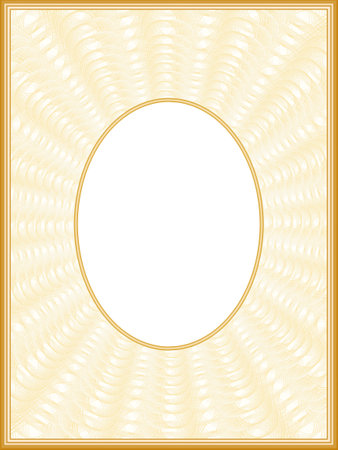 Beige passe-partout with oval frame. Border design with golden sun beams. Creative line art pattern. Vector abstract background. Template A4 for album page, certificate, diploma, invitation. EPS10 illustrationのイラスト素材