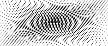 Halftone banner concept. Black spots on a white background. Vector monochrome pattern. Dotted curved lines. Abstract digital graphic. Technology design. Asymmetrical bw composition. Optical illusion. EPS10 illustrationのイラスト素材