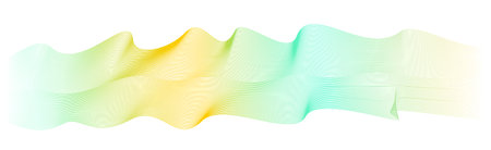Light pastel orange, turquoise green wave pattern. Smooth colored gradient. Waving ribbon, flowing scarf. Vector pulsating lines. Squiggle curves. Abstract waveform. White background. Art line modern design. EPS10 illustrationのイラスト素材