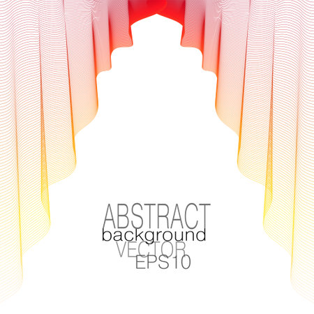 Bright red, yellow silk textile hangs down in elegant folds. Thin lightweight flowing fabric. Multicolored draped veil on a white background. Theater curtain concept. Line art design. Vector abstract pattern. Subtle curves. EPS10 illustrationのイラスト素材
