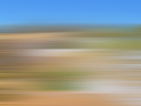 Defocused landsgape with sand, grass and sky. Brown, green, blue strips. Smooth gradient. Speed...
