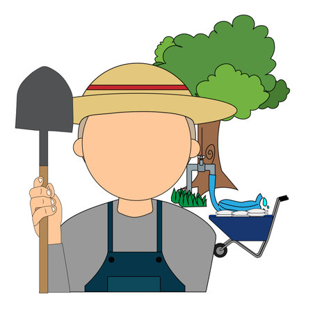 gardener man with shovel and watering can in the garden vector illustration graphic designの写真素材