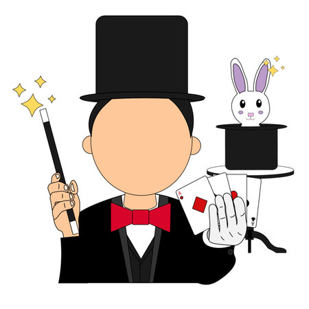 magician with magic wand and rabbit in top hat vector illustration designの写真素材