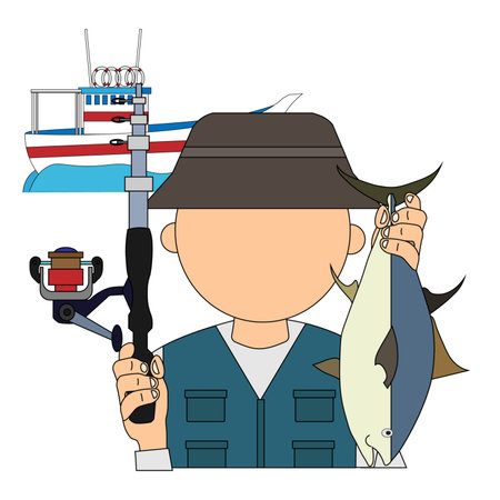 fisherman with fishing rod and fish cartoon vector illustration graphic designの写真素材