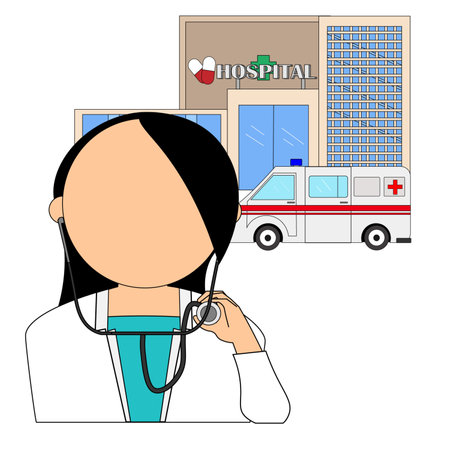 doctor with stethoscope and ambulance on white background, vector illustrationの写真素材
