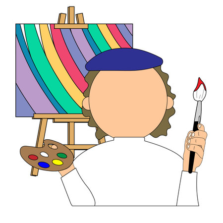 Artist draw a picture on easel. Vector illustration of a painter.の写真素材