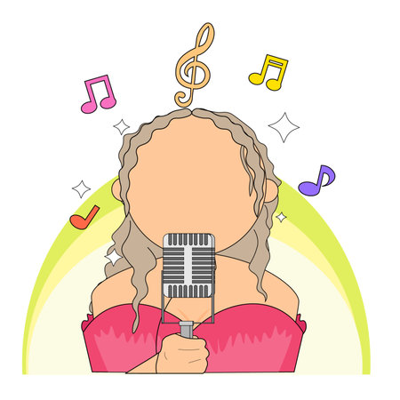 Illustration of a girl singing into a microphone with notes on a white backgroundの写真素材