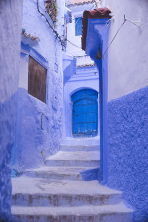 The photogenic streets of Morocco's popular tourist destination Chefchaouen Old Town Blue City.の写真素材