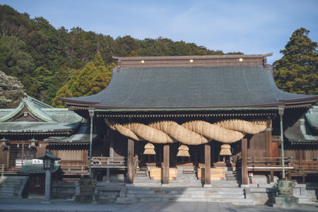 Miyajidake Shrine in Fukutsu City, Fukuoka Prefecture, a tourist spot where the "Path of Light" can be seen for two cycles each in February and October.のeditorial素材