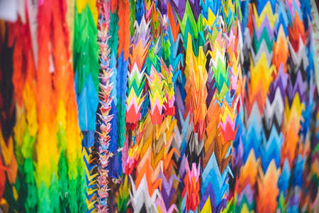A thousand folded paper cranes at Nagasaki Peace Memorial Museum, which conveys the devastation caused by the atomic bombings and aims for a world without nuclear weapons.のeditorial素材