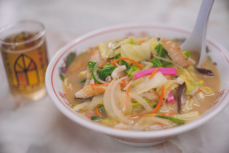 Very delicious Nagasaki's famous B-class gourmet vegetable-filled chanpon, Fukue Island, Gotoh Archipelago.の写真素材