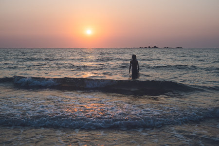 Itoshima, Fukuoka Sunset and sunset over the Genkainada Sea from Akutuya Surf Point at Nigi no Hama, where many surfers are also surfers.の写真素材
