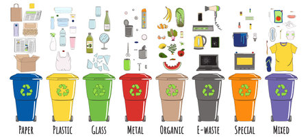 Set of garbage cans with sorted garbage. Recycle trash bins. Waste management. Sorting garbage....