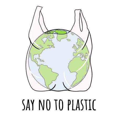 Say no to plastic bags. Planet Earth in polythene bag. Go green and zero waste concept. Sustainable living against consumerism. Global plastic pollution. Hand drawn vector illustration.のイラスト素材