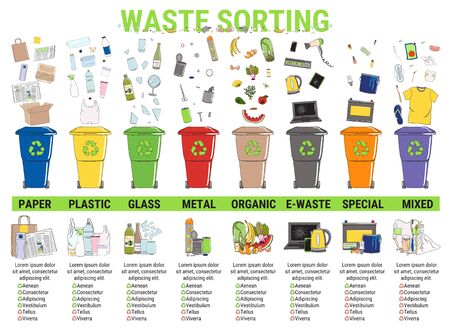 Waste infographic. Sorting garbage, segregation and recycling infographics. Recycle trash bins and different types of rubbish.  Garbage pollution. Waste management. Hand drawn vector illustration.のイラスト素材