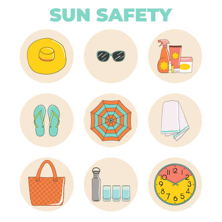 Set of sunbathing beach essentials icons. Skin protection and sun safety symbol. Summer time and vacation. Hand drawn vector illustration.のイラスト素材